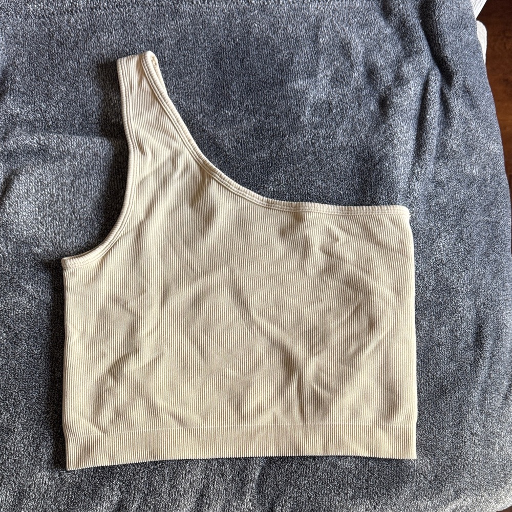 JoyLab Ribbed One-Shoulder Crop Top in Beige